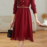 Elegant Mock Neck Lace Trim Panel Knit Dress