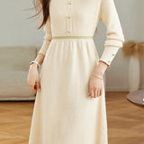 Elegant Mock Neck Lace Trim Panel Knit Dress