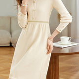 Elegant Mock Neck Lace Trim Panel Knit Dress