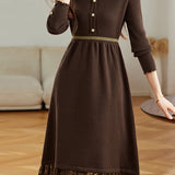 Elegant Mock Neck Lace Trim Panel Knit Dress