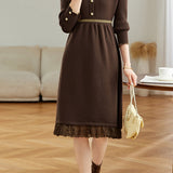 Elegant Mock Neck Lace Trim Panel Knit Dress