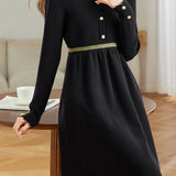 Elegant Mock Neck Lace Trim Panel Knit Dress