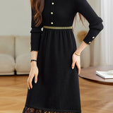 Elegant Mock Neck Lace Trim Panel Knit Dress