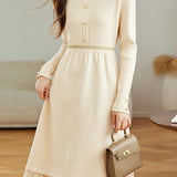 Elegant Mock Neck Lace Trim Panel Knit Dress