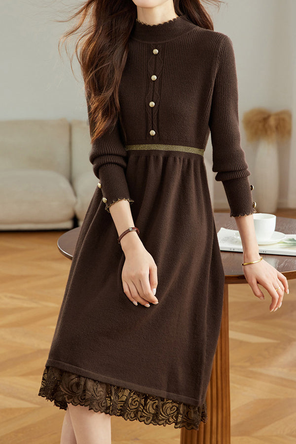 Elegant Mock Neck Lace Trim Panel Knit Dress