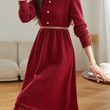 Elegant Mock Neck Lace Trim Panel Knit Dress