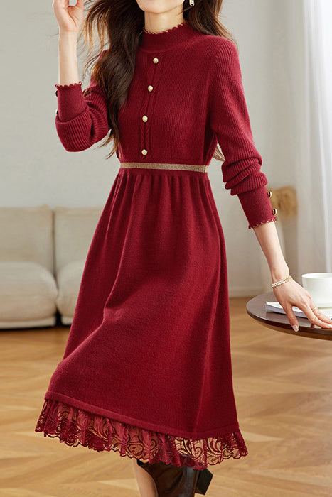 Elegant Mock Neck Lace Trim Panel Knit Dress