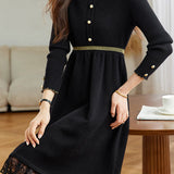 Elegant Mock Neck Lace Trim Panel Knit Dress