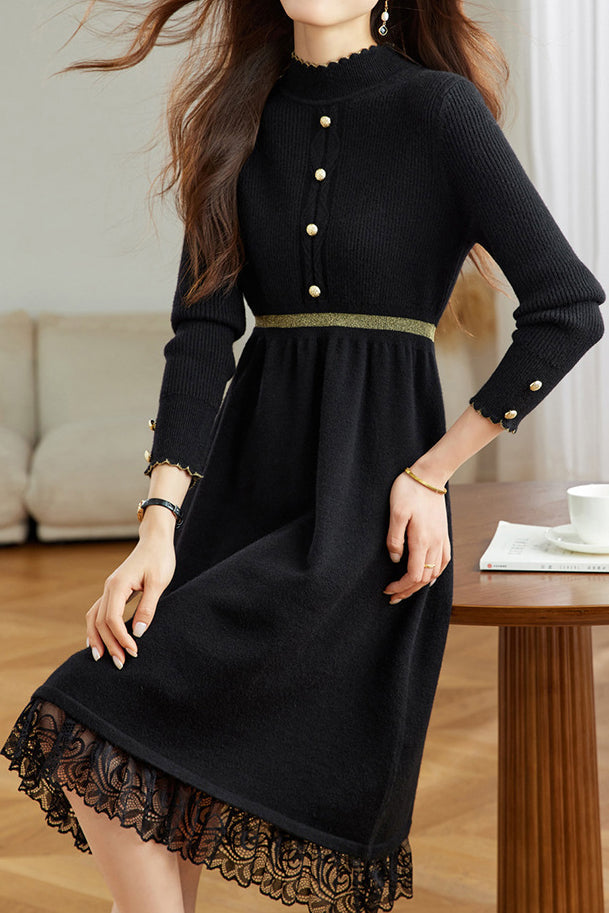 Elegant Mock Neck Lace Trim Panel Knit Dress