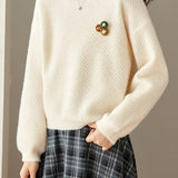 Casual Textured Pineapple Stitch Crew Neck Knit Sweater