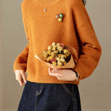 Casual Textured Pineapple Stitch Crew Neck Knit Sweater