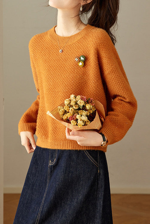 Casual Textured Pineapple Stitch Crew Neck Knit Sweater