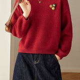 Casual Textured Pineapple Stitch Crew Neck Knit Sweater