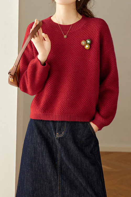 Casual Textured Pineapple Stitch Crew Neck Knit Sweater