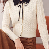 Chic Colorblock Collared Tie Detail Cable Knit Cardigan