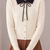 Chic Colorblock Collared Tie Detail Cable Knit Cardigan