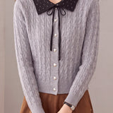 Chic Colorblock Collared Tie Detail Cable Knit Cardigan