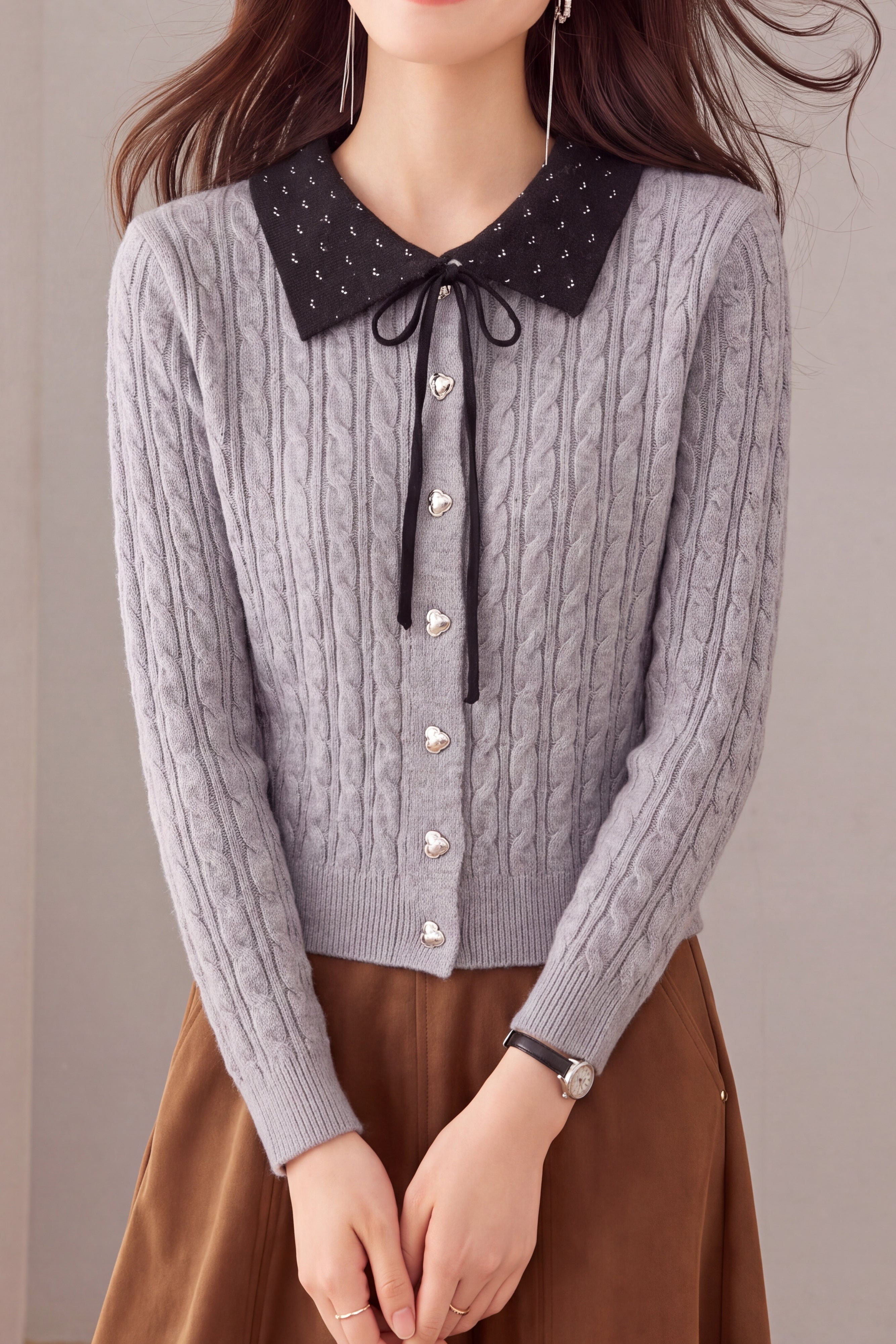 Chic Colorblock Collared Tie Detail Cable Knit Cardigan