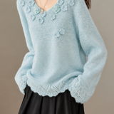 Casual Textured Crochet Openwork V-Neck Knit Sweater