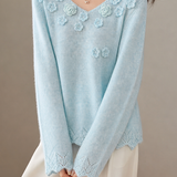 Casual Textured Crochet Openwork V-Neck Knit Sweater