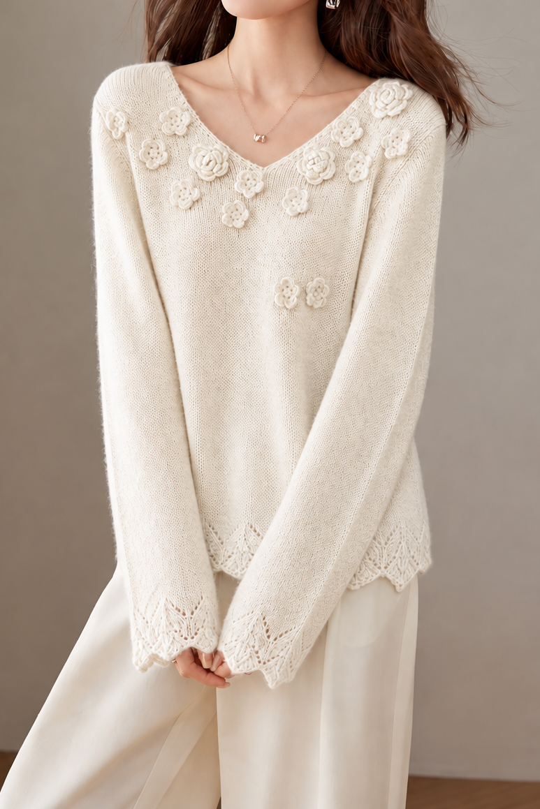 Casual Textured Crochet Openwork V-Neck Knit Sweater