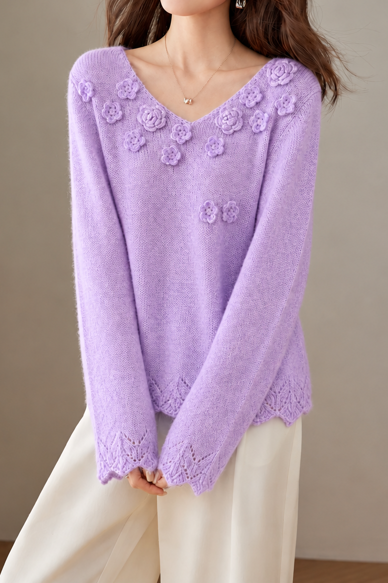Casual Textured Crochet Openwork V-Neck Knit Sweater