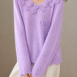 Casual Textured Crochet Openwork V-Neck Knit Sweater