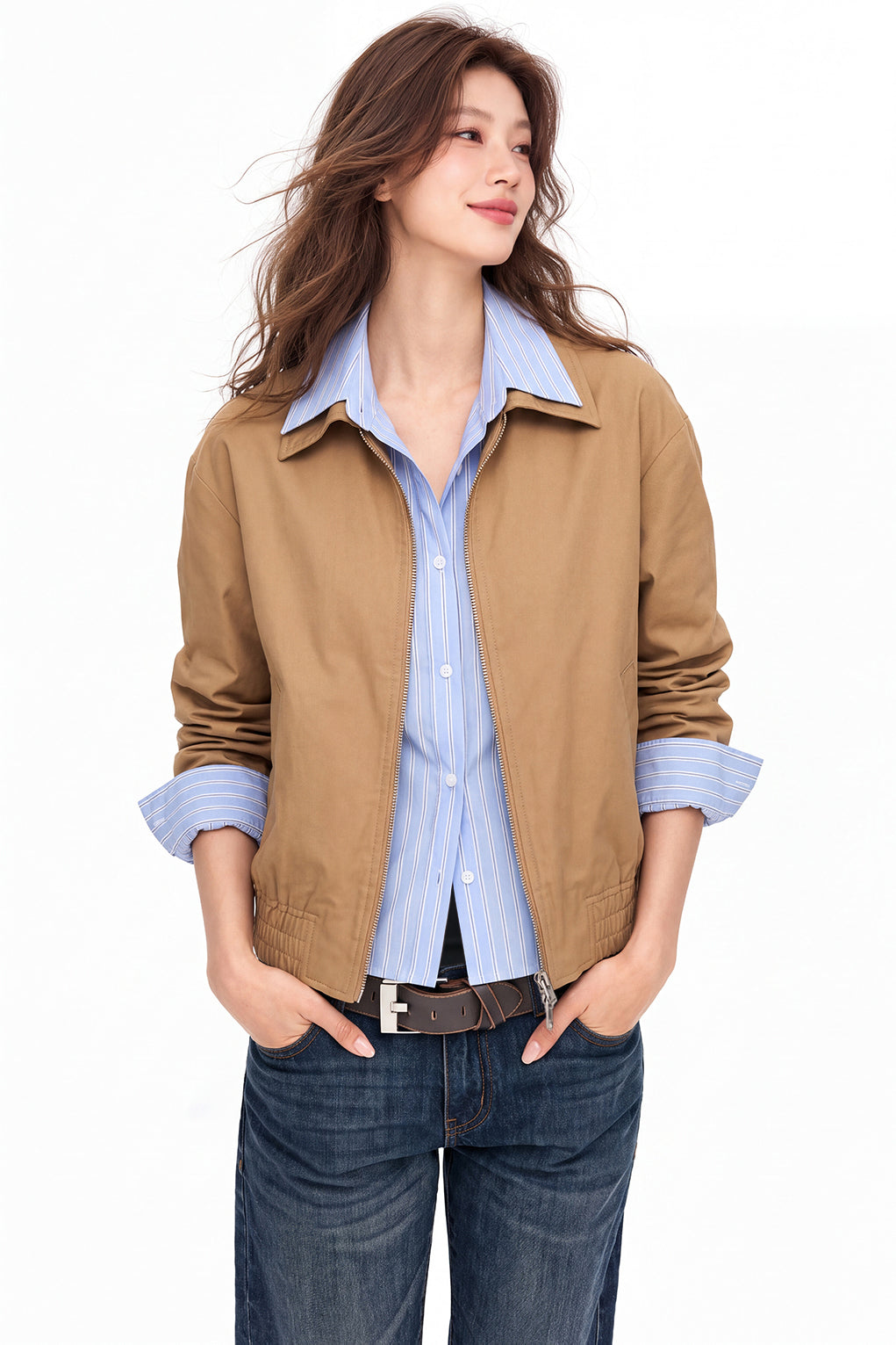 Casual Layered Look Striped Shirt Panel Collared Jacket