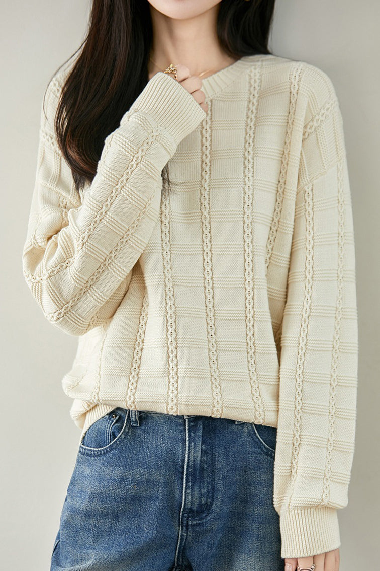 Casual Textured Grid Cable Knit Cotton Sweater