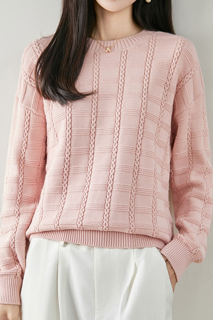 Casual Textured Grid Cable Knit Cotton Sweater