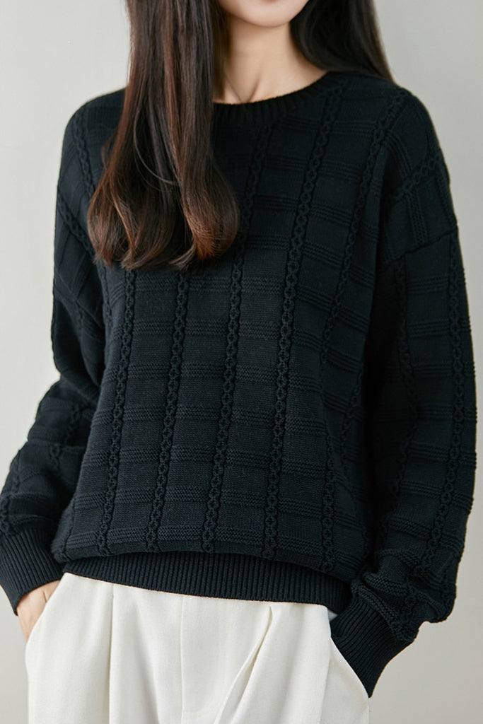 Casual Textured Grid Cable Knit Cotton Sweater