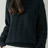 Casual Textured Grid Cable Knit Cotton Sweater