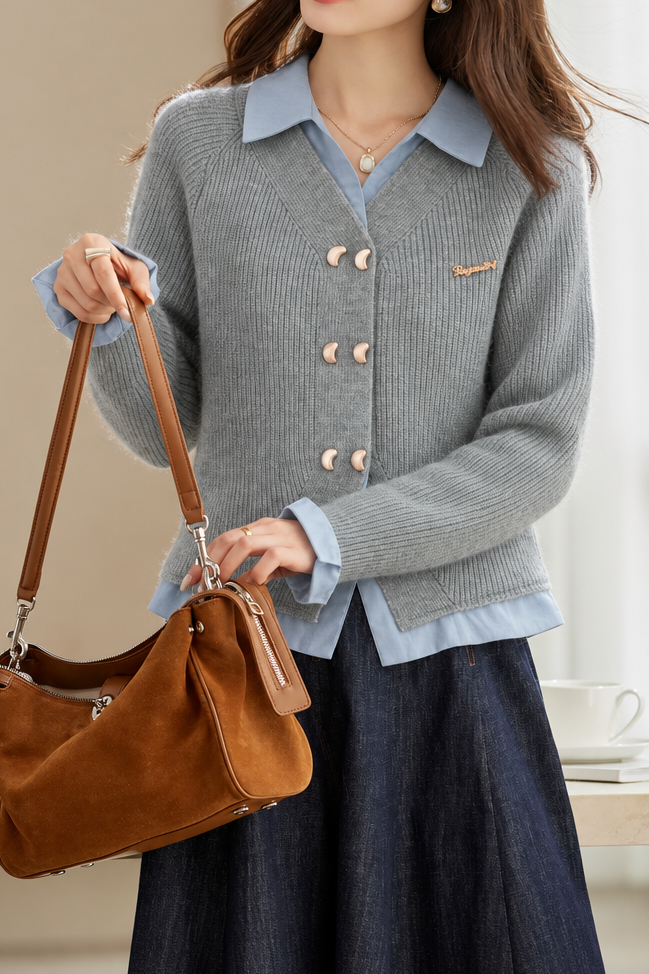 Casual Layered Look Shirt Panel Knit Sweater with Toggle Buttons - liwisi