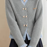 Casual Layered Look Shirt Panel Knit Sweater with Toggle Buttons - liwisi