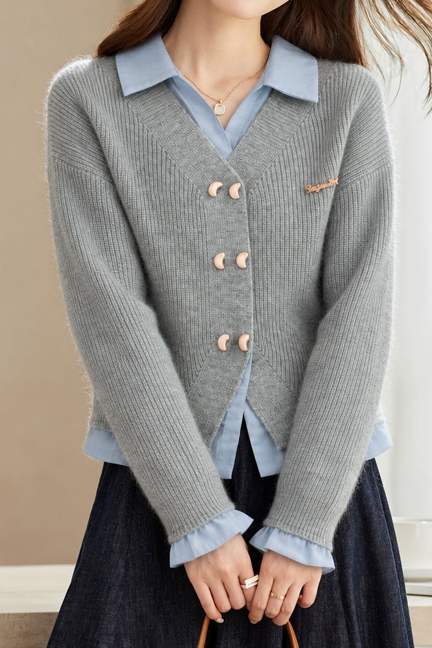 Casual Layered Look Shirt Panel Knit Sweater with Toggle Buttons - liwisi
