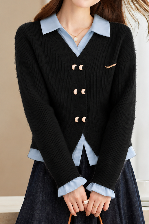 Casual Layered Look Shirt Panel Knit Sweater with Toggle Buttons - liwisi