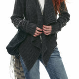Elegant Wavy Lapel Striped Textured Knit Cardigan