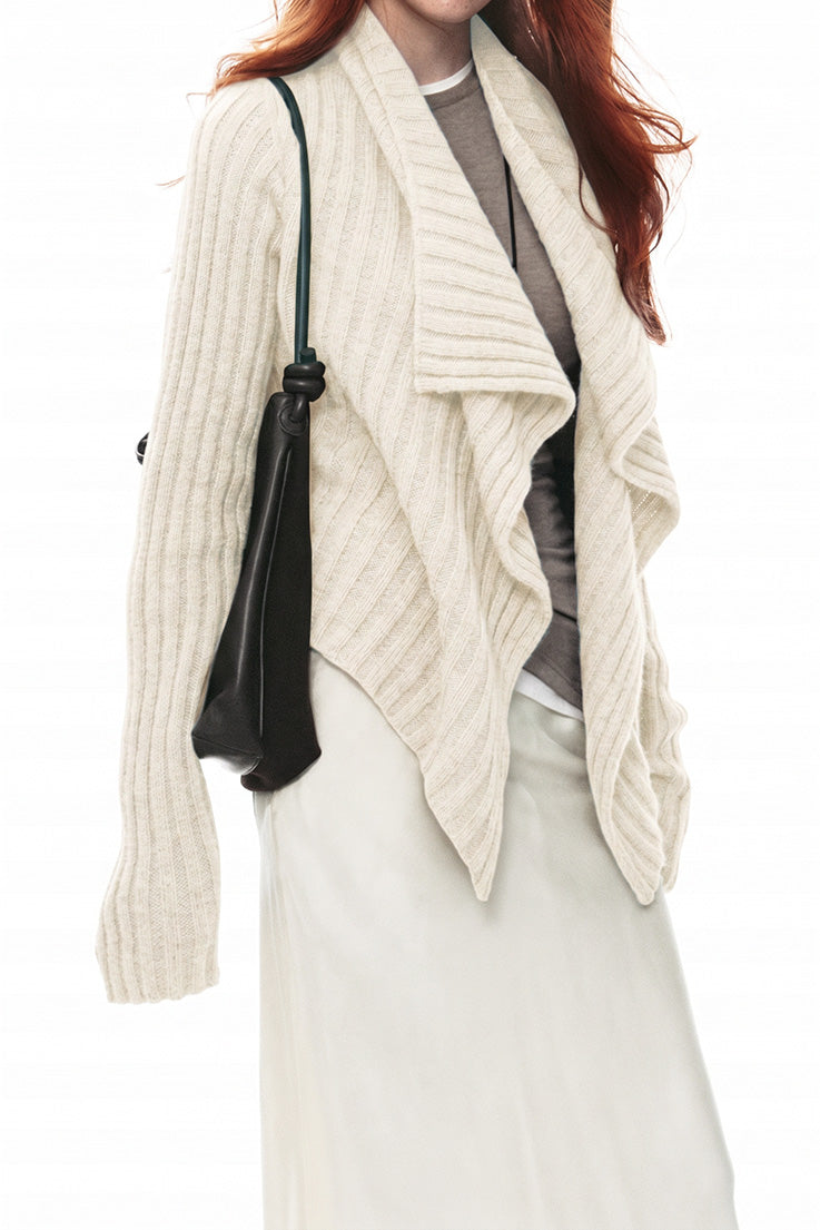 Elegant Wavy Lapel Striped Textured Knit Cardigan