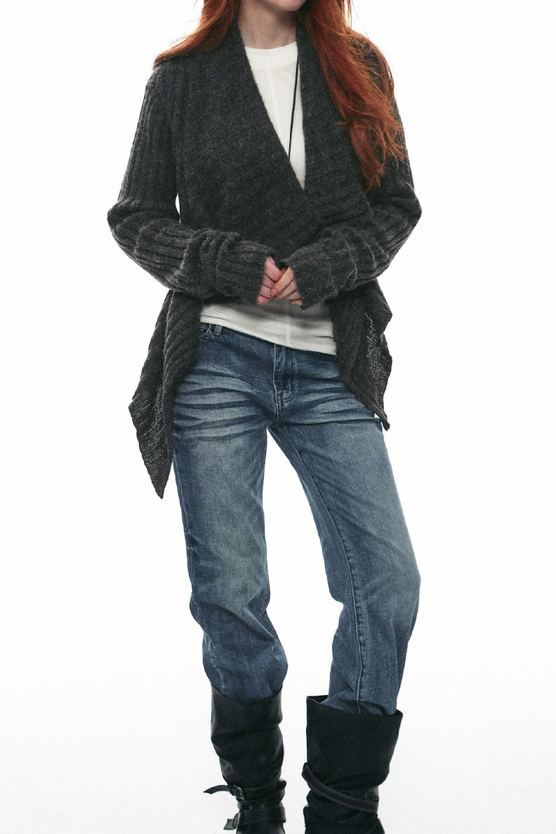 Elegant Wavy Lapel Striped Textured Knit Cardigan