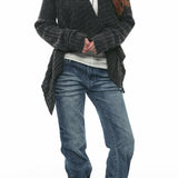 Elegant Wavy Lapel Striped Textured Knit Cardigan