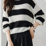 Casual Colorblock Wide Stripe Crew Neck Knit Sweater