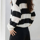 Casual Colorblock Wide Stripe Crew Neck Knit Sweater
