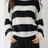 Casual Colorblock Wide Stripe Crew Neck Knit Sweater