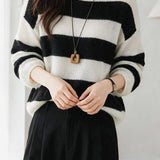 Casual Colorblock Wide Stripe Crew Neck Knit Sweater