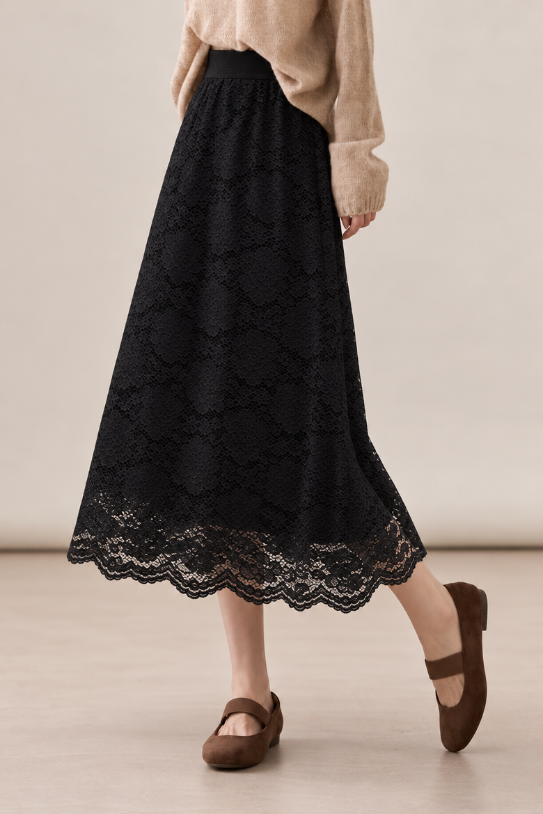 Elegant Reversible Lace Panel Double Layer Knit Skirt
