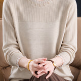 Chic Crew Neck Knit Sweater with Sheer Mesh Ruffle Trim