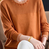 Chic Crew Neck Knit Sweater with Sheer Mesh Ruffle Trim