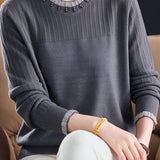Chic Crew Neck Knit Sweater with Sheer Mesh Ruffle Trim