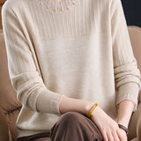 Chic Crew Neck Knit Sweater with Sheer Mesh Ruffle Trim
