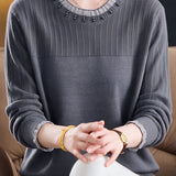 Chic Crew Neck Knit Sweater with Sheer Mesh Ruffle Trim